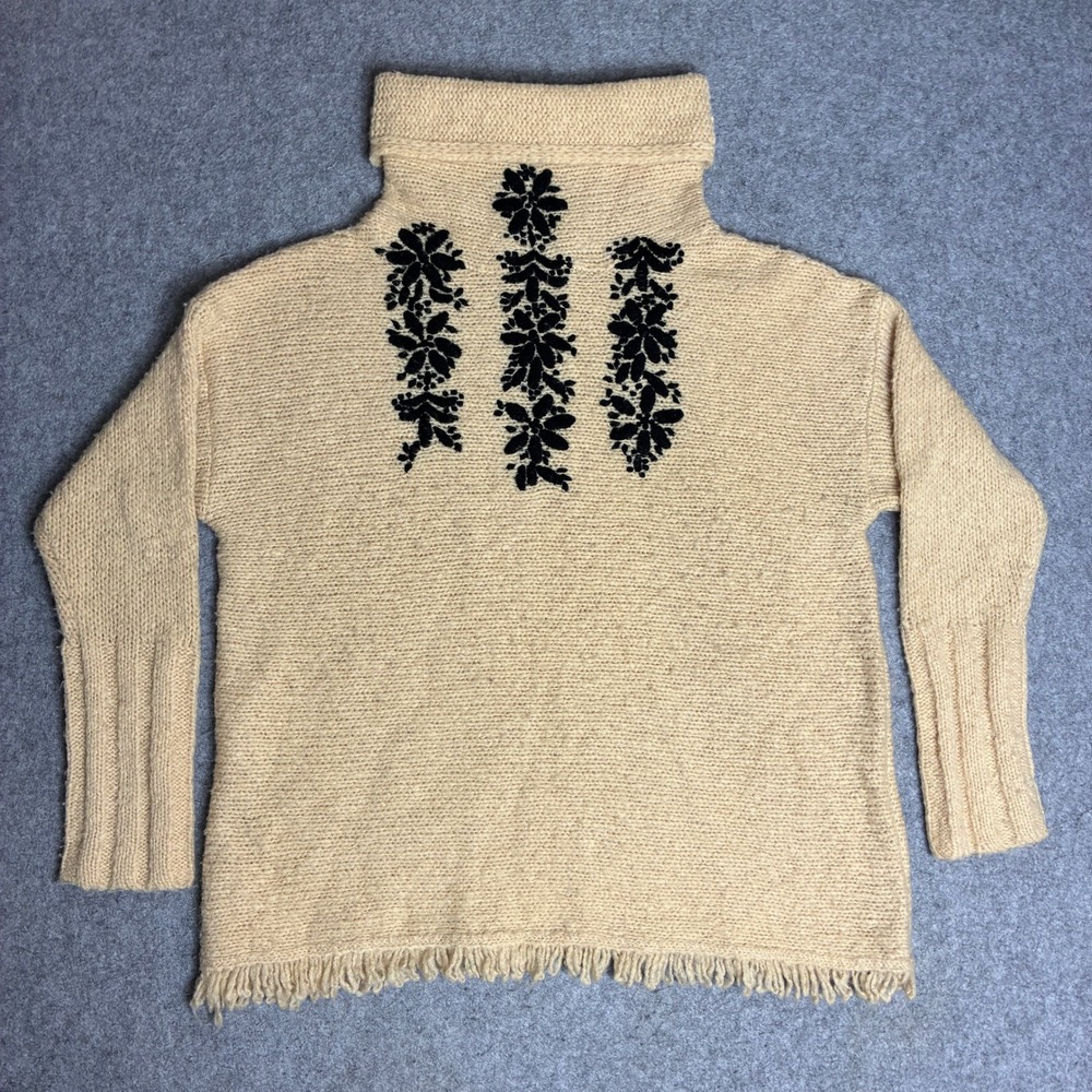 Free People Sweater Womens M Cream Excellent Embroidered Fringe Merino Wool